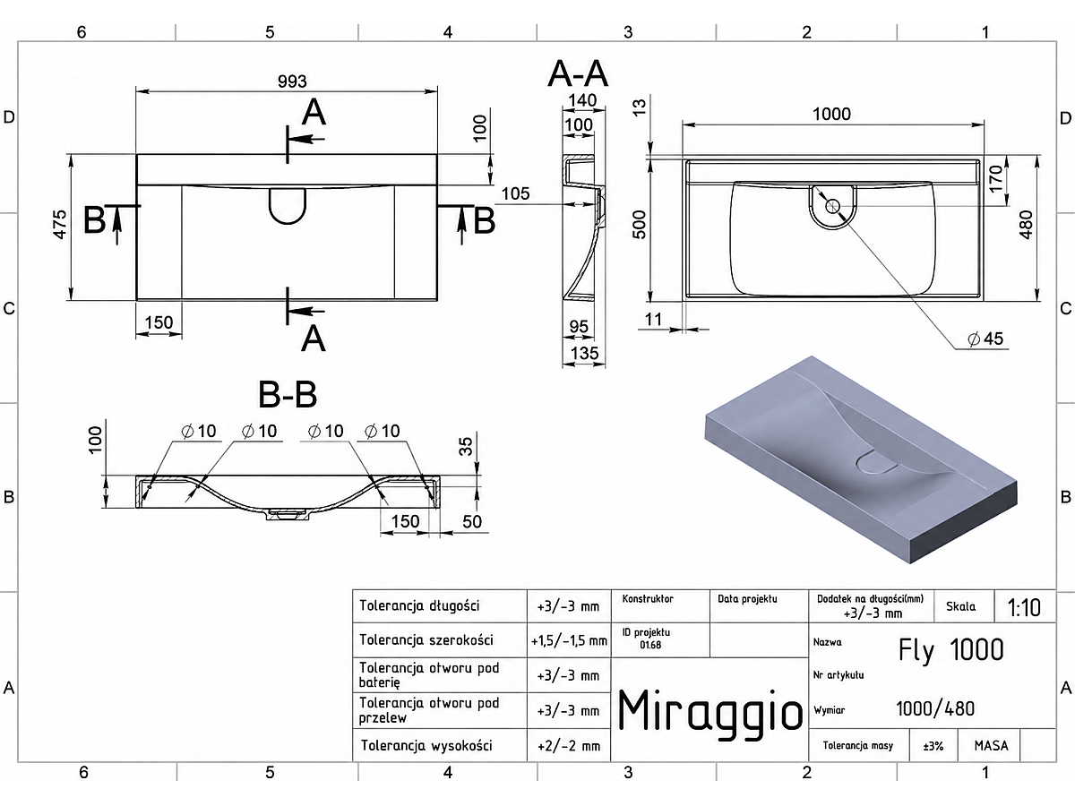 Umywalka FLY 1000 (MIRASOFT) bez otworu na baterię