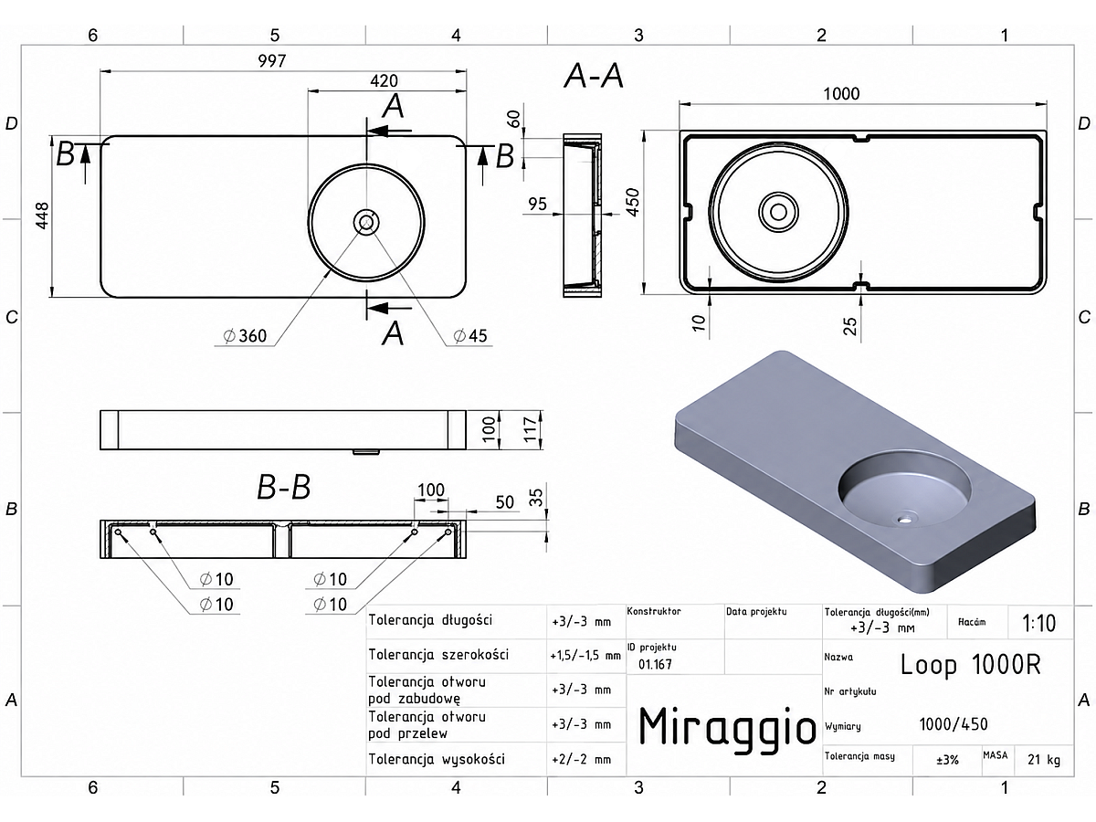 Umywalka LOOP 1000 R bez otworu na baterię