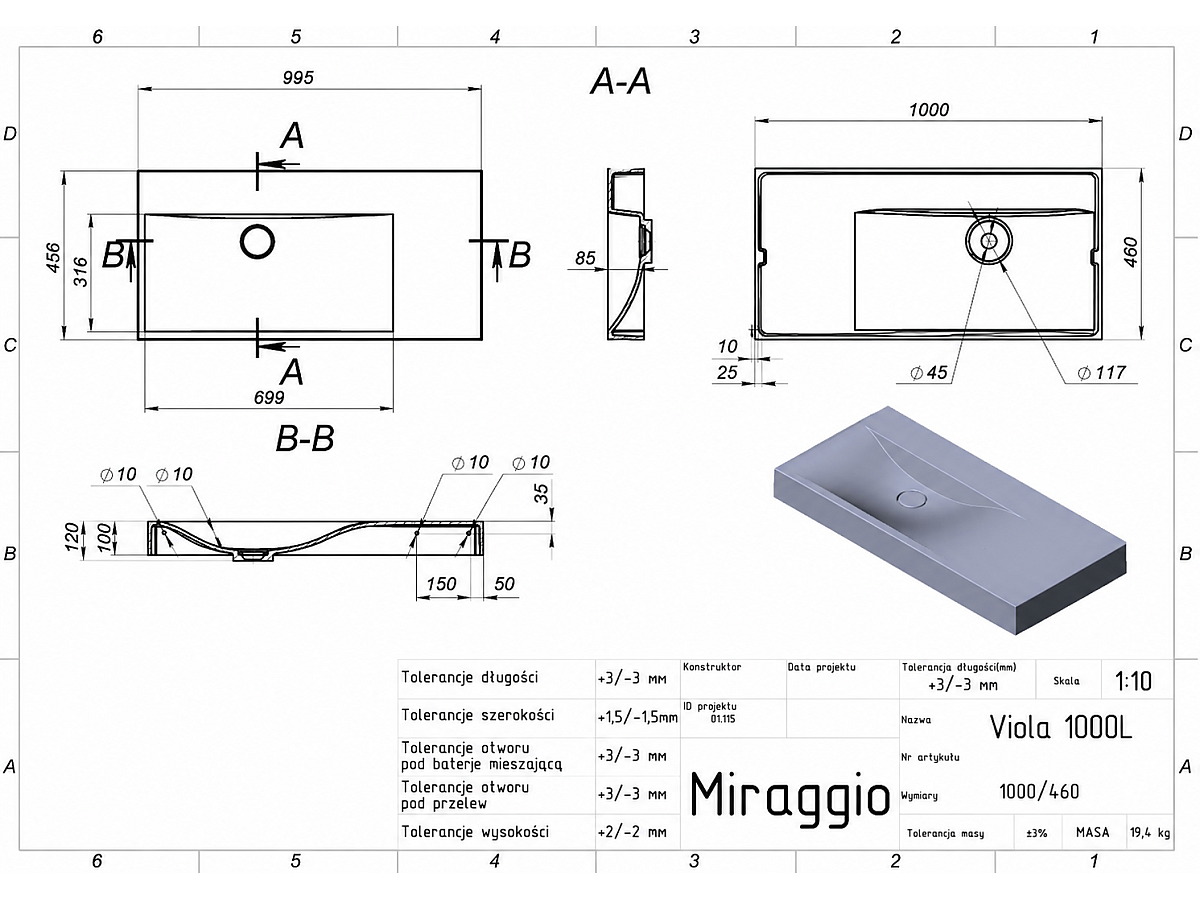 Umywalka VIOLA 1000 L (MIRASOFT) bez otworu na baterię