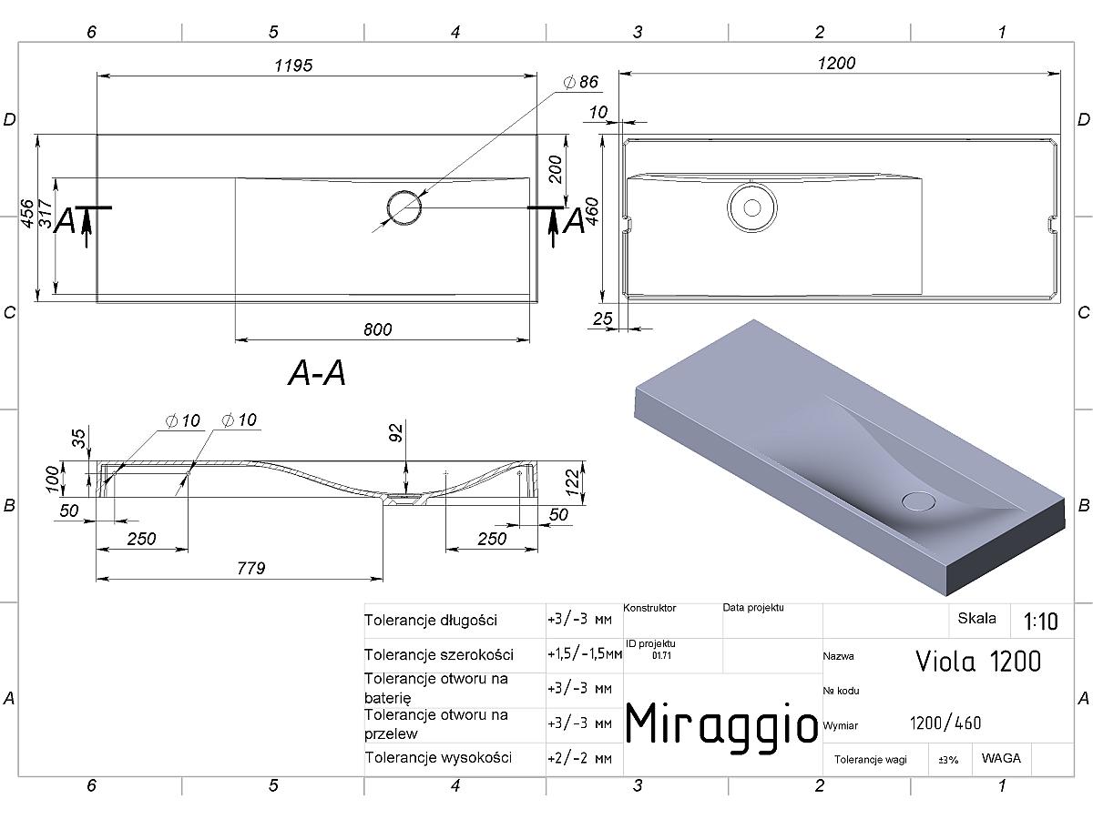 Umywalka VIOLA 1200 R bez otworu na baterię